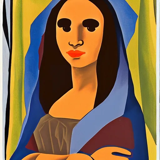 Image similar to an Afro American girl as Mona Lisa by Jacob Lawrence