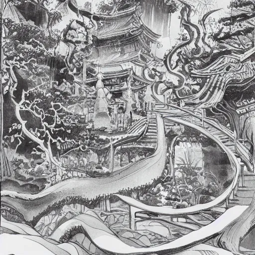 Prompt: a giant mystical temple in the middle of a rainforest, beautiful brushlines, japanese ink