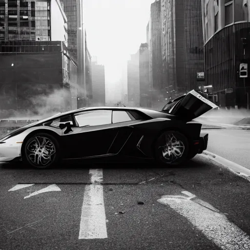 Image similar to black and white press photograph of a man in a suit pushing a lamborghini that is out of gas on a busy city street, sideview, detailed, natural light, mist, film grain, soft vignette, sigma 5 0 mm f / 1. 4 1 / 1 0 sec shutter, imax 7 0 mm footage