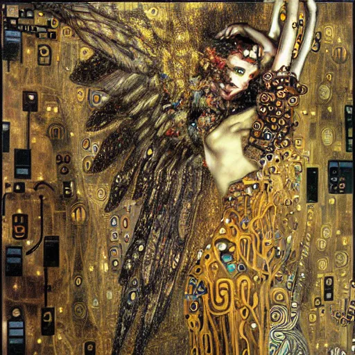 Image similar to winged cybernetic demon trapped in circuitry, intricate detail, klimt, miro, royo, whealan, figure study,