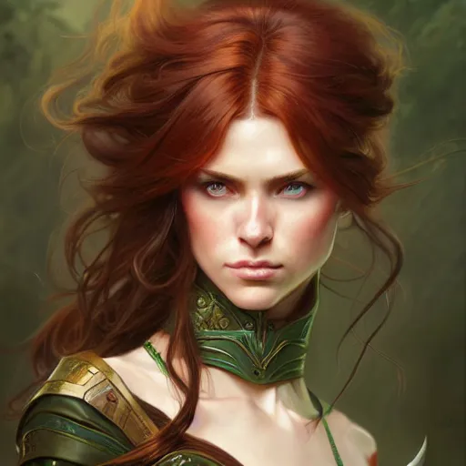 Image similar to Portrait of serious female ranger, D&D, green eyes, face, long red hair, fantasy, intricate, elegant, highly detailed, digital painting, artstation, concept art, smooth, sharp focus, illustration, art by artgerm and greg rutkowski and alphonse mucha