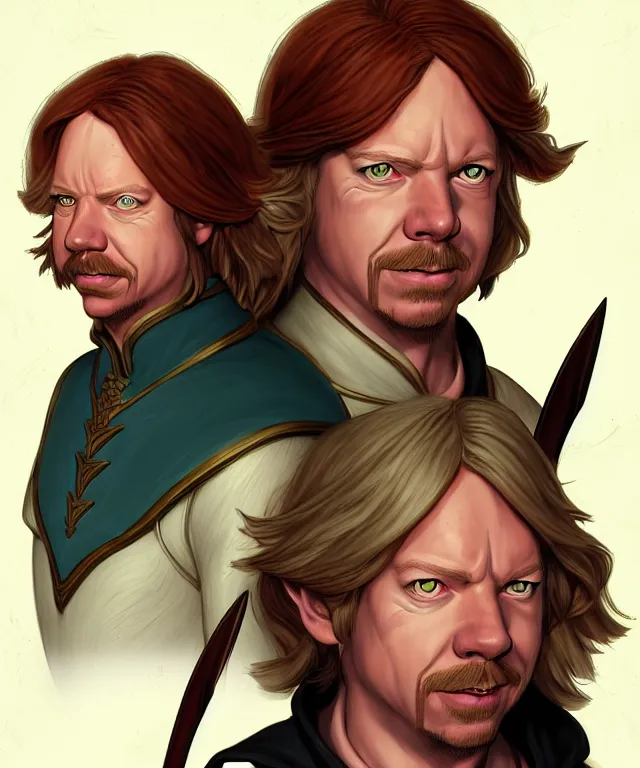 Image similar to a fantasy comic - style full portrait of a n aristocratic halfling who looks like david spade, digital illustration by ken taylor and sana takeda and jenny frison, character design, concept art, fine inking lines, vivid colors, dnd, highly detailed!, hd, 4 k, trending on artstation