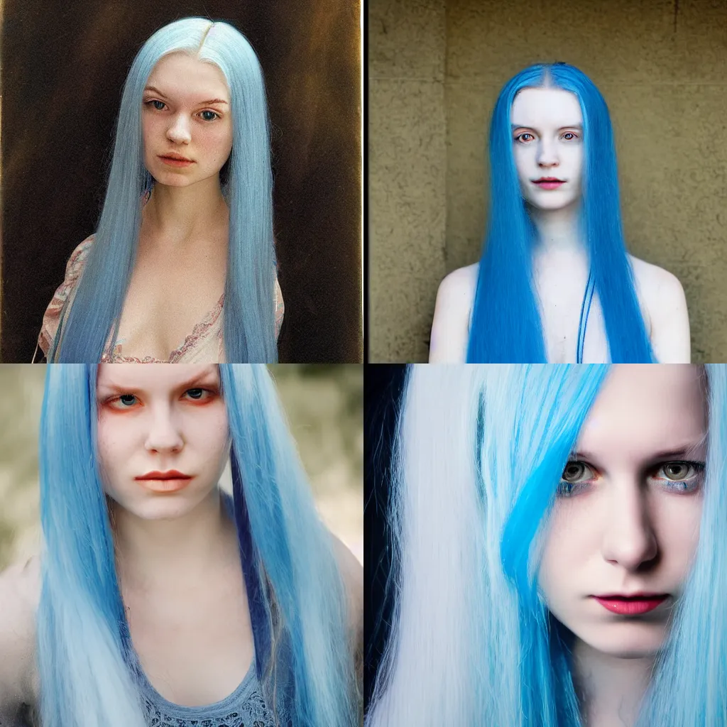 Prompt: an alternative young woman with long blue hair, pale