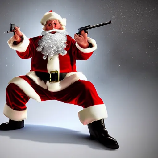 Prompt: santa claus scared, holding a shotgun indoors photorealistic 4 k