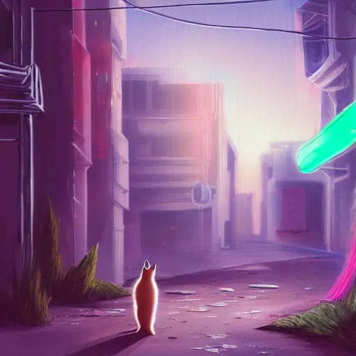 Prompt: a cat in an abandoned city with neon lights digital art trending on art station high quality