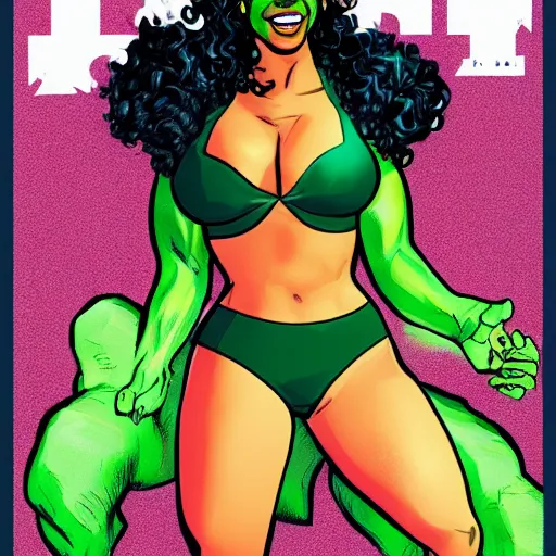 Image similar to Singer Beyoncé as She-Hulk, smiling, poster framed, comic pinup style, sports illustrated, detailed legs, artstation, illustration, posterized, Roge Antonio, Jen Bartel