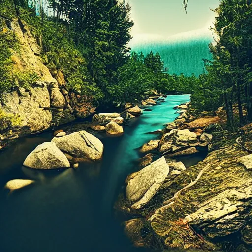 Image similar to a beautiful landscape, river, rocks, trees, by greg rutkowsi, glitch, glitchy