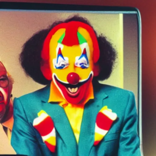 Image similar to photo of an 8 0's television with a president that has a clown face giving a speech