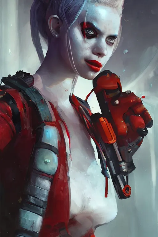 Prompt: a portrait of a sci-fi Harley Quinn by Greg Rutkowski, Sung Choi, Mitchell Mohrhauser, Maciej Kuciara, Johnson Ting, Maxim Verehin, Peter Konig, final fantasy , mythical, 8k photorealistic, cinematic lighting, HD, high details, atmospheric,