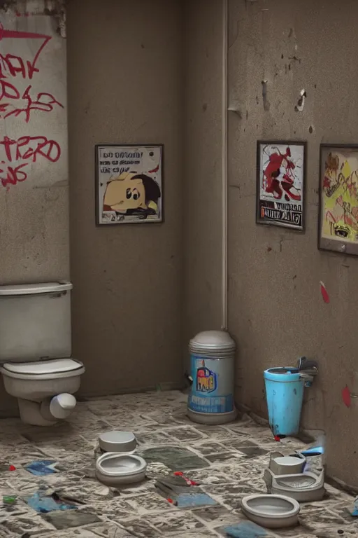 Prompt: old public restroom after a battle, graffiti on walls, broken tiles, broken lightbulbs toilets with scratches, roaches, mess. toilet paper everywhere pixar disney 4 k 3 d render funny animation movie oscar winning trending on artststion and behance. oscar award winning.