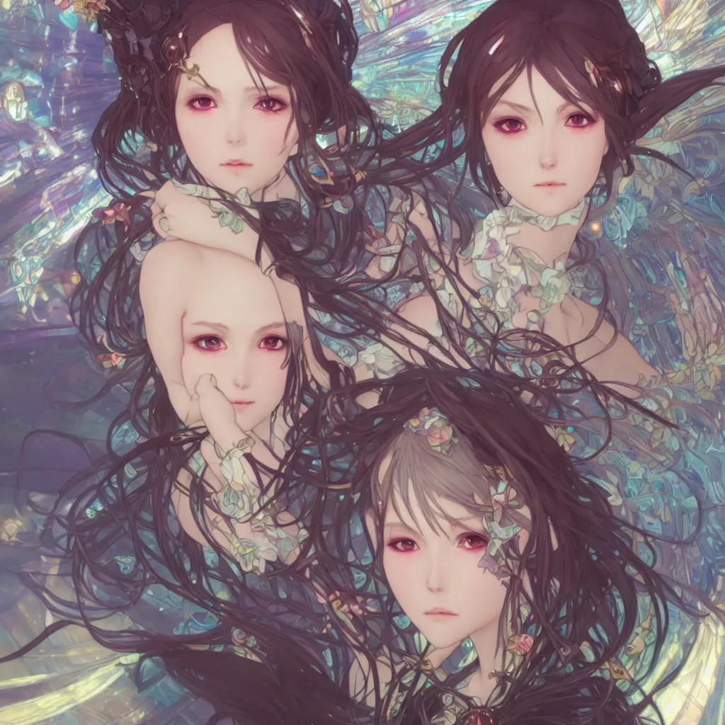 Image similar to 1 krenz cushart and alfons mucha detailed close portrait digital concept of anime cyber fairy, cute, gothic, epic sunbeam and church in background, unreal engine, hyperrealism, cinematic composition, blender render, octane render, hdr, detailed textures, trending on artstation, award winning artwork, 8 k,