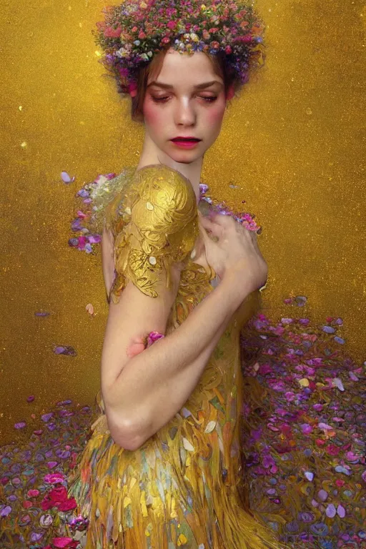 Image similar to an intricate painting of a beautiful young lady surrounded by flowing flower petals covered in silk clothes with klimt golden motives and textures, hyper detailed, ornamental gold headpiece, octane render, vivid colors, artstation, by jeremy mann, by alphonse mucha, by boris vallejo