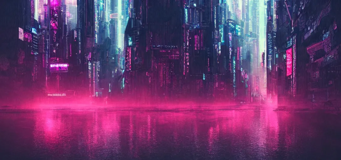 Prompt: Look of an aesthetic cyberpunk skyline, rain, afternoon, pink moody scene, digital art, 8k, moody details