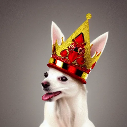 Image similar to long hair white chihuahua king wearing a red and gold crown cinematic composition, digital art, cute