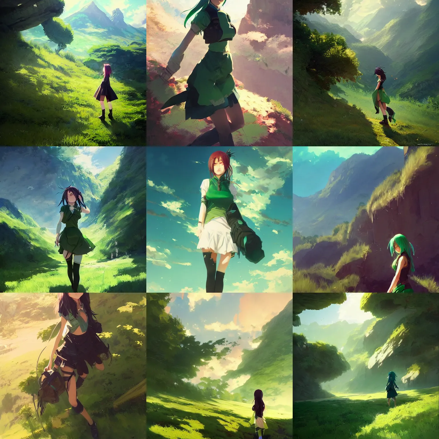 Prompt: anime girl in beautiful green valley and blue skies digital art by greg rutkowski trending on artstation pixiv