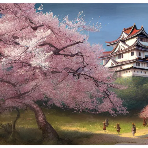 Image similar to a 14th century japanese castle surrounded by cherry blossom trees with diffuse lighting, fantasy, intricate, elegant, highly detailed, digital painting, artstation, illustration, concept art, smooth, sharp focus, art by John Collier and Albert Aublet and Artem Demura