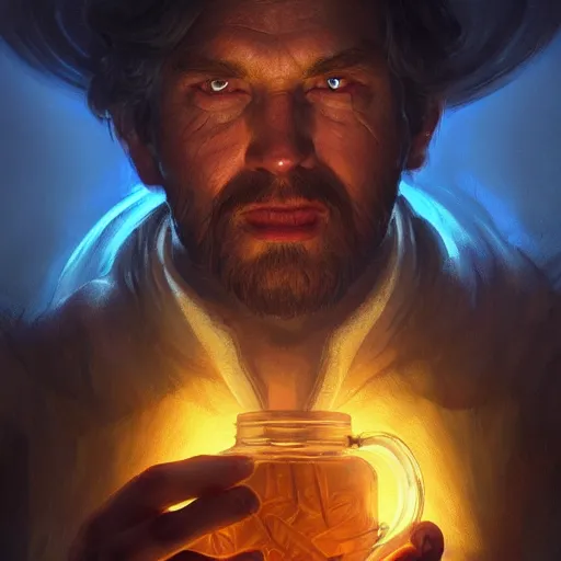 Image similar to man holding he's soul in a jar portrait, backlight, rim lighting, deep focus, d & d, fantasy, intricate, elegant, highly detailed, digital painting, artstation, concept art, matte, centered, sharp focus, illustration, hearthstone, art by artgerm, greg rutkowski and alphonse mucha