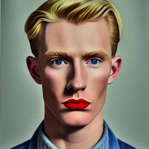 Image similar to A color pencil drawing portrait of a blond young Irish man with high cheekbones. Good bone structure. Dressed in 1940s style. Highly detailed, fine Art, high detail, great lighting, 8k resolution, masterpiece, concept art, illustration, clear eyes, painting oil on canvas, octane render, HDR, trending on artstation, 4k, 8k, HD