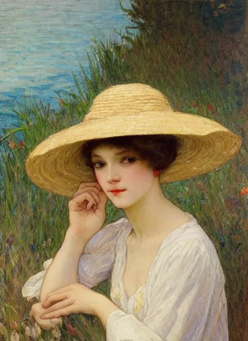 Prompt: leslie burke with straw hat, mucha