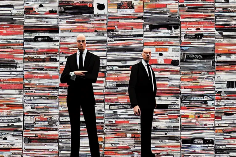 Prompt: an expressive portrait of agent 4 7 from hitman wearing headphones standing in front of a wall of vinyl records, dark background, red rim light, digital art, artstation, concept art by giger stalenhag