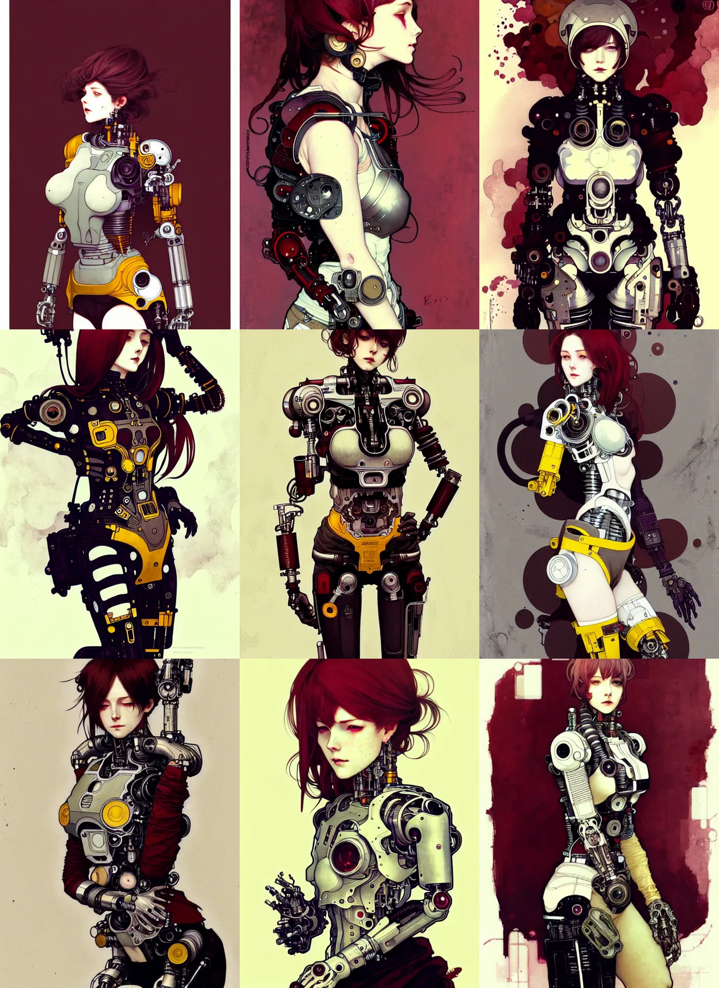 Prompt: highly detailed full body portrait of android cyborg young adult lady, working on repairs, by krenz cushart, by artem demura, by alphonse mucha, by kaethe butcher, gradient maroon, black, silver and yellow color scheme, grunge aesthetic!!! (