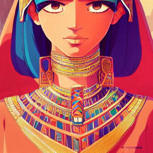 Image similar to a portrait of a beautiful Egyptian girl wearing ancient Egyptian fashion, desert background, rich vivid colors, ambient lighting, dynamic lighting, 4k, official media, anime key visual, makoto shinkai, ilya kuvshinov, lois van baarle, rossdraws, detailed, trending on artstation