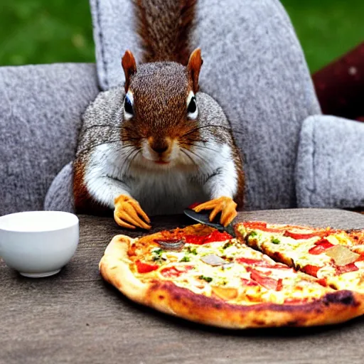 Image similar to Rocky the Squirrel having tea with pizza.