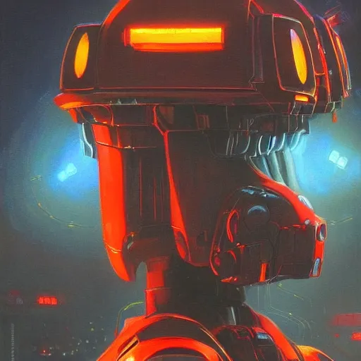Image similar to a dark and colorful close - up of a sci - fi mecha robot with led lights glowing fog in the background. highly detailed science fiction painting by norman rockwell, frank frazetta, and syd mead. rich colors, high contrast, gloomy atmosphere, dark background. trending on artstation