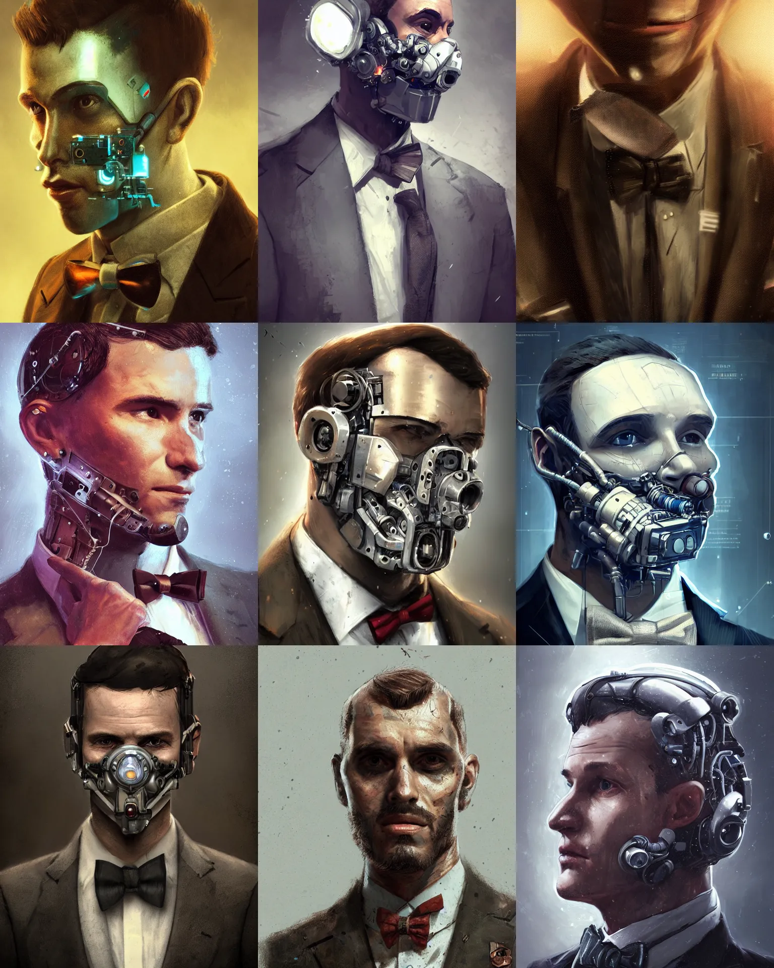 Prompt: a rugged young engineer man with cybernetic enhancements wearing a suit and bowtie, detailed face with small mask, scifi character portrait by greg rutkowski, esuthio, craig mullins, 1 / 4 headshot, cinematic lighting, dystopian scifi gear, gloomy, profile picture, mechanical, half robot, implants, steampunk