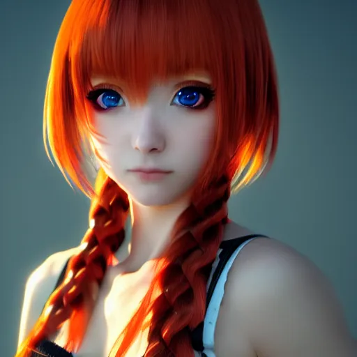 Prompt: render as a very beautiful 3d anime girl, hot petite, long braided orange red hair, hazel eyes, full round face, shocked expression, cinematic lightning, medium shot, mid-shot, highly detailed, trending on Artstation, Unreal Engine 4k, cinematic wallpaper