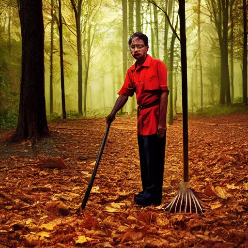 Image similar to closeup portrait of a cleaner with a huge rake in a fall forest, by Steve McCurry and David Lazar, natural light, detailed face, CANON Eos C300, ƒ1.8, 35mm, 8K, medium-format print