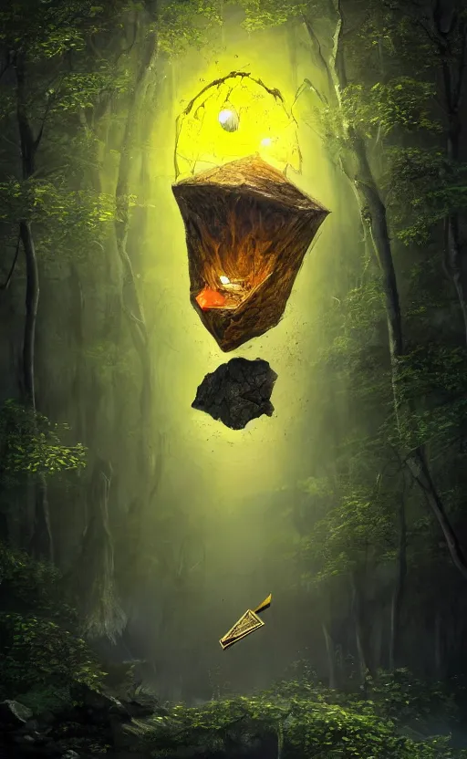 Image similar to dark fantasy photorealistic concept art of bill cipher floating in the middle of a forest with glowing yellow eyes, and pebbles floating in the air, gloomy seen, dynamic lighting, ambient lighting, atmospherical, stunning visuals, creative, cinematic, ultra detailed, trending on art station