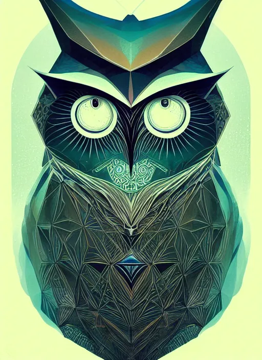 Image similar to portrait of a geometric owl, identical eyes, medium shot, illustration, full body made of white feathers, symmetrical, art stand, super detailed, cinematic lighting, and its detailed and intricate, gorgeous, by peter mohrbacher