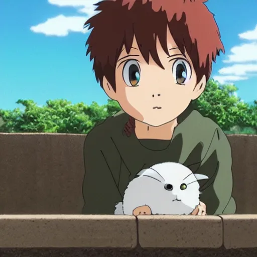 Image similar to guy with a pet in anime made by studio ghibli beautiful scene, smooth, detailed, detailed face, 8k