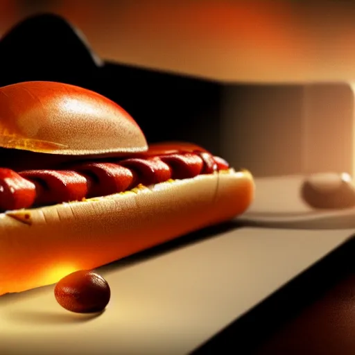 Image similar to cinematic shot a hotdog, hyper realistic, mood lighting, fantasy, detailed face, highly detailed, super realistic, perfect lighting