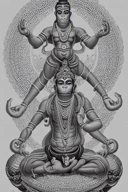 Image similar to a full body portrait of a beautiful ornated hanuman god, arms pointing up!!!, meditative sacral pose, hindu stages of meditation, intricate, elegant, highly detailed, line art!!!!!!!, artstation, concept art, smooth, sharp focus, illustration, art by krenz cushart and artem demura and alphonse mucha