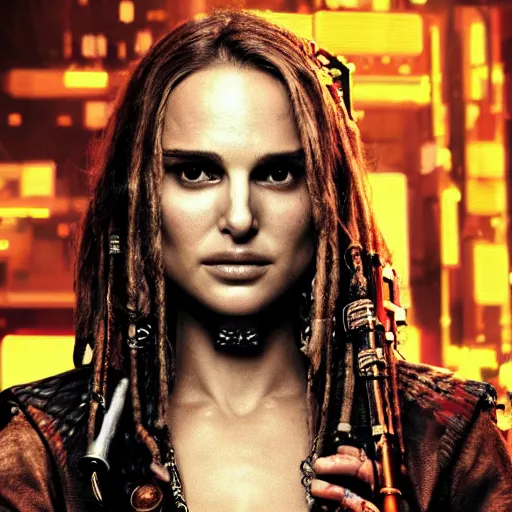 Image similar to a high quality portrait of natalie portman as a pirate in a cyberpunk cyberpunk cyberpunk cafe, realism, 8k, award winning photo