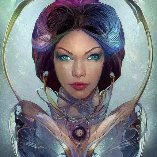 Image similar to cyborg, female, fantasy, bioluminiscence, flowing hair, portrait, highly detailed, digital painting, beautiful eyes, symmetry, concept art, sharp focus, illustration, art by artgerm and greg rutkowski and magali villeneuve and ilya kuvshinov! : : alphonse mucha : : - 0. 2