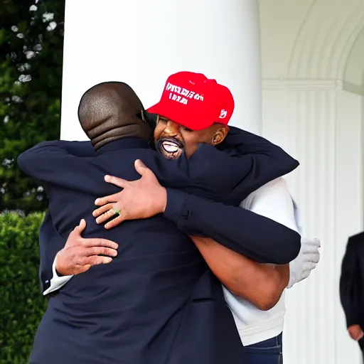 Prompt: kanye west giving donald trump a big bear hug in front of the white house while kanye smells trumps hair