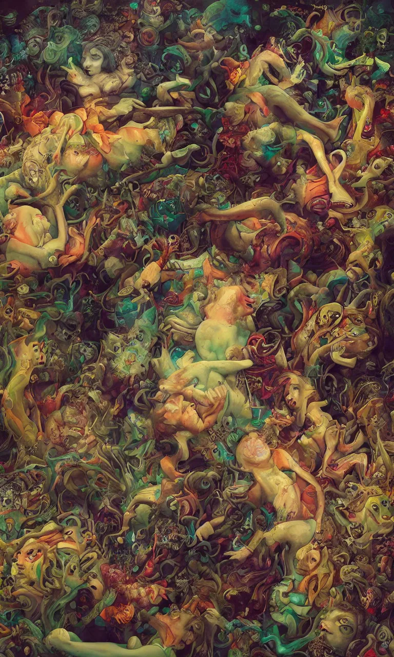 Prompt: mixed media collage, avant-garde, crazy faces, bad dream, intense colours, vibrant and vivid color, Digital art, hyper detailed, hyper realistic, bizarre, insane, in the style of Henri Rousseau, Peter Mohrbacher, rutkowski, Marc Simonetti, Jean Giraud, victo ngai, 8k