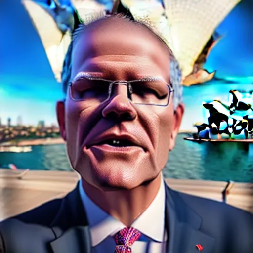 Image similar to Prime Minister Scott Morrison selfie by the Sydney Opera House, cinematic, hyper realism, high detail, vivid colors, octane render, unreal engine, 8k