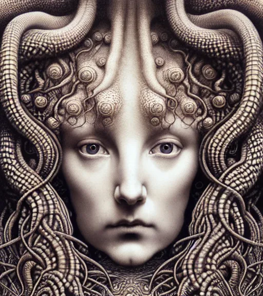 Image similar to detailed realistic beautiful kraken goddess face portrait by jean delville, gustave dore, iris van herpen and marco mazzoni, art forms of nature by ernst haeckel, art nouveau, symbolist, visionary, gothic, neo - gothic, pre - raphaelite, fractal lace, intricate alien botanicals, ai biodiversity, surreality, hyperdetailed ultrasharp octane render