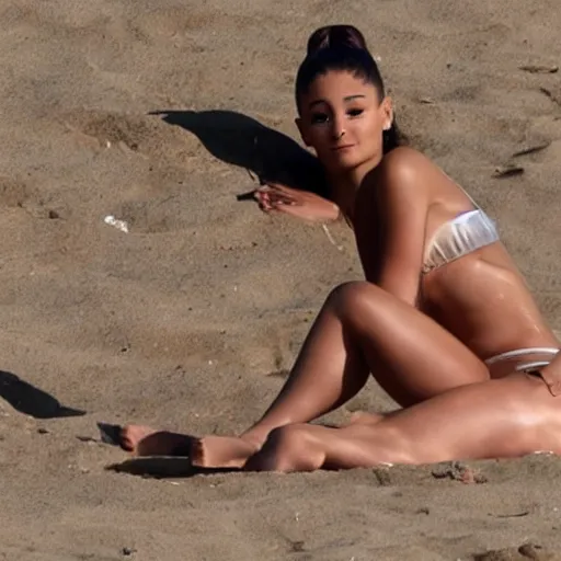 Image similar to ariana grande tanning on a beach on hot summer day