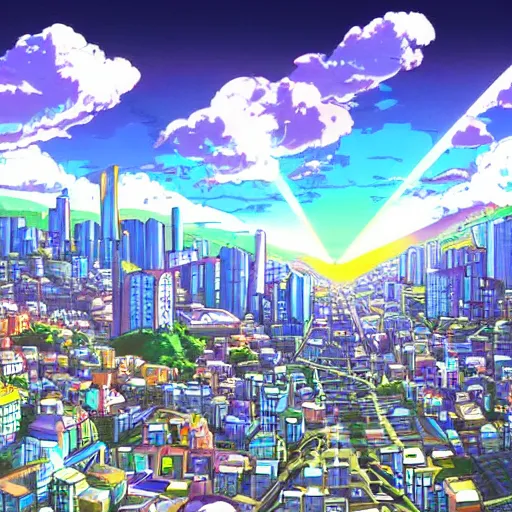 Image similar to futuristic city on a mountainside, colorful city, megacity, clouds on mountain, buildings on mountainside, cel - shading, cel - shaded, 2 0 0 1 anime, bright sunshine