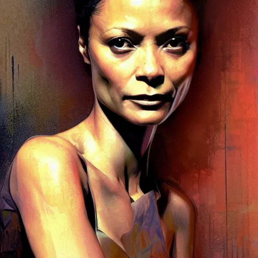 Image similar to thandie newton, hyperrealistic portrait, bladerunner street, art of elysium by jeremy mann and alphonse mucha, fantasy art, photo realistic, dynamic lighting, artstation, poster, volumetric lighting, very detailed face, 4 k, award winning