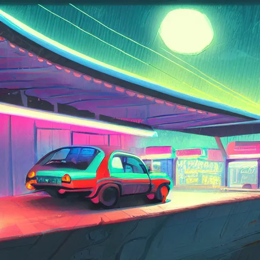 Prompt: car in cyperpunk city, wide - angle, neon, digital art
