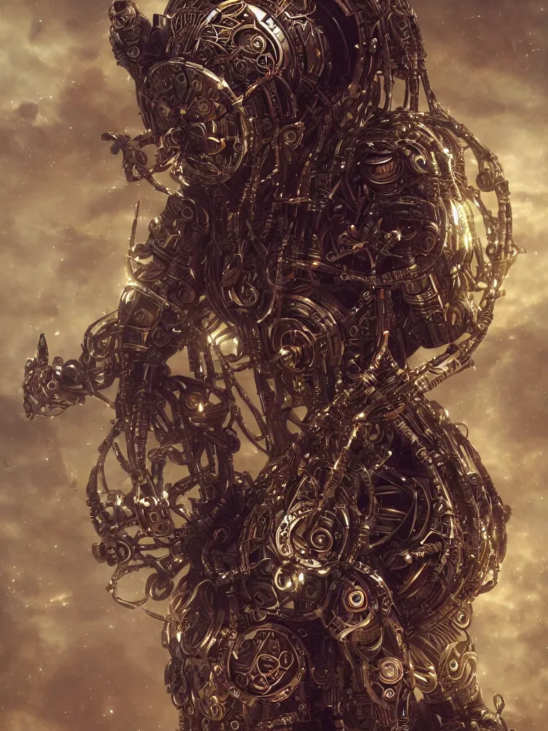 Prompt: a photo of a mech shaman adorned made from cables and synthesizer parts surrounded by sacred geometry made from elven architecture, full body, perfect face, powerful, cinematic, beautifully lit, by artgerm, by karol bak, 3 d, trending on artstation, octane render, 8 k