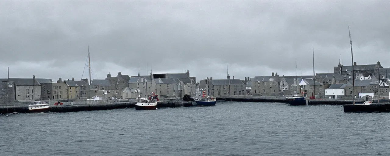 Prompt: the harbour at Stromness orkney, from Jaws (1975), cinematic,