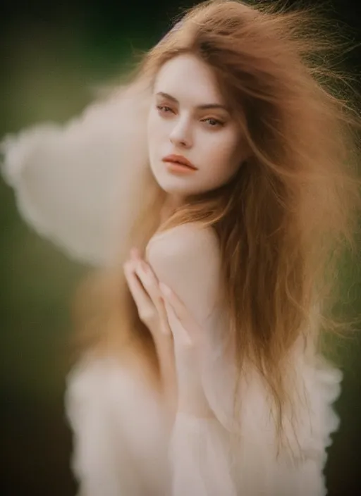 Prompt: cinestill 5 0 d photo portrait of a beautiful woman, delicate, dreamy, subsurface scattering, long hair floating in air in style of gilles zimmermann, 5 0 mm lens, f 2. 4, sharp focus, ethereal, emotionally evoking, head in focus, soft blur light, matt dreamy colour scheme, volumetric lighting, hyperrealistic, ultradetailed