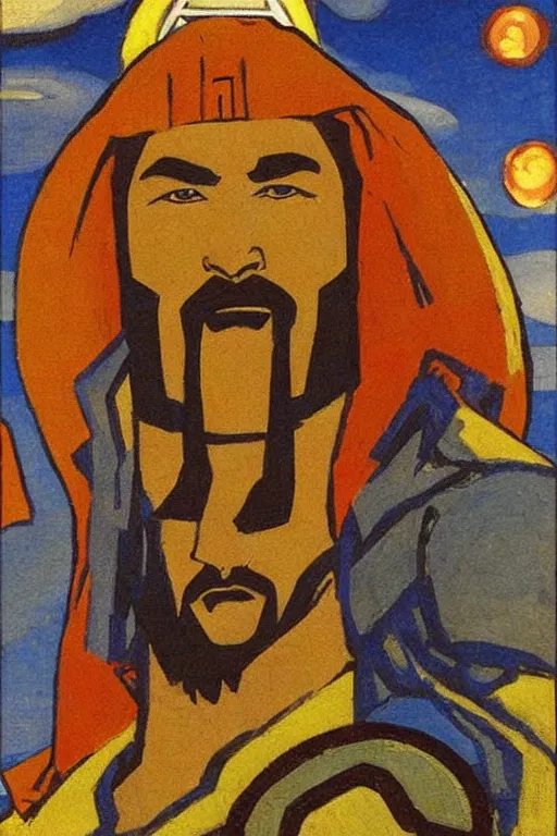 Image similar to thor, marvel, artwork by nicholas roerich,